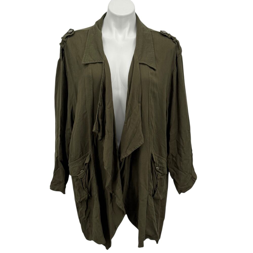 Living Doll Army Green Jacket 100% Rayon Women SZ 1X Open Front Utility Drape‎
